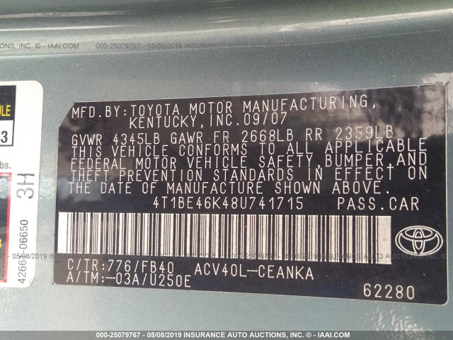 4T1BE46K48U741715 - 2008 TOYOTA CAMRY CE/LE/XLE/SE GREEN photo 9