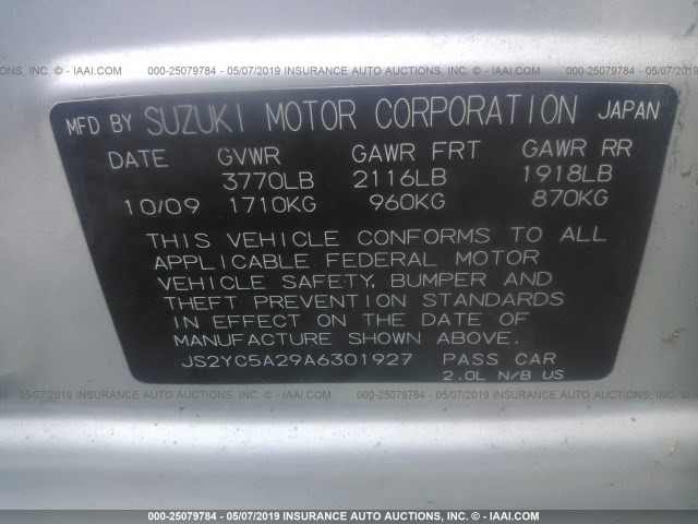 JS2YC5A29A6301927 - 2010 SUZUKI SX4 LE SILVER photo 9