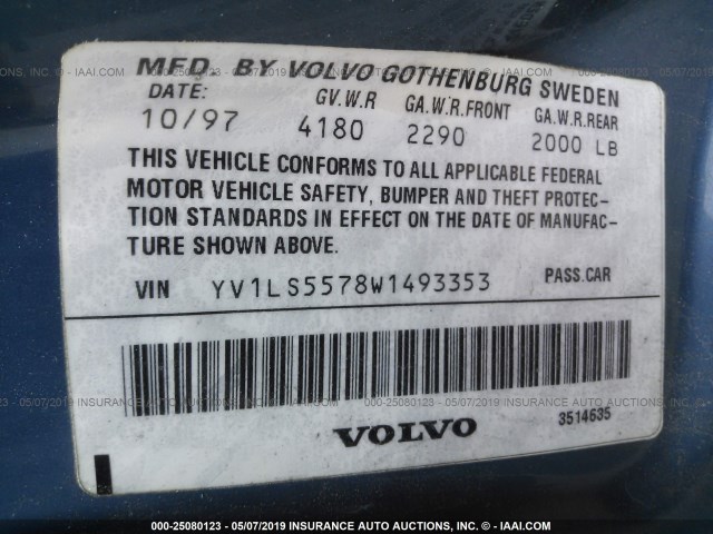 YV1LS5578W1493353 - 1998 VOLVO S70 Light Blue photo 9