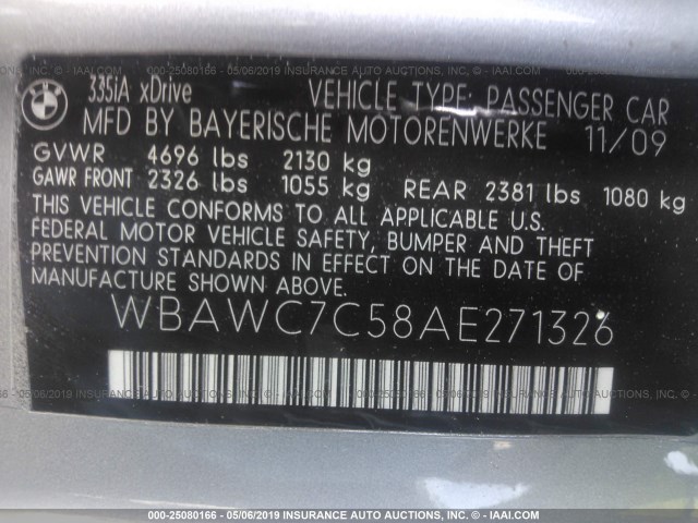 WBAWC7C58AE271326 - 2010 BMW 335 XI SILVER photo 9