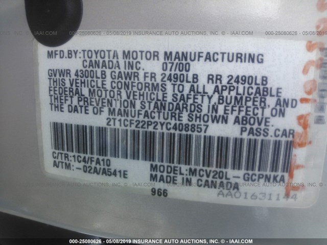2T1CF22P2YC408857 - 2000 TOYOTA CAMRY SOLARA SE/SLE SILVER photo 9