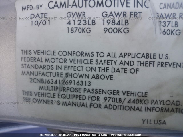 2CNBJ634126916313 - 2002 CHEVROLET TRACKER LT SILVER photo 9