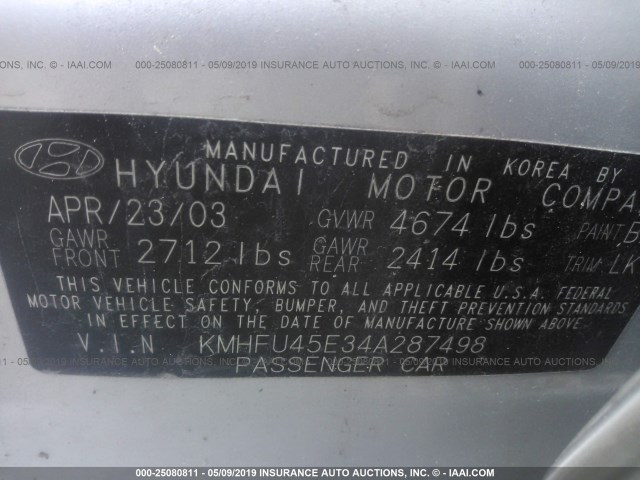 KMHFU45E34A287498 - 2004 HYUNDAI XG 350 SILVER photo 9