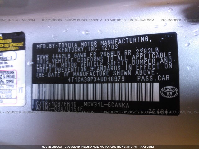 4T1CA38PX4U018979 - 2004 TOYOTA CAMRY SOLARA SE/SLE SILVER photo 9