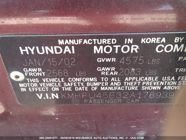 KMHFU45E32A178939 - 2002 HYUNDAI XG 350 MAROON photo 9