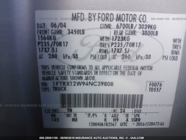 1FTRX12W94NC39808 - 2004 FORD F150 SILVER photo 9