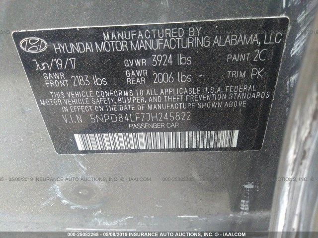 5NPD84LF7JH245822 - 2018 HYUNDAI ELANTRA SEL/VALUE/LIMITED GRAY photo 9