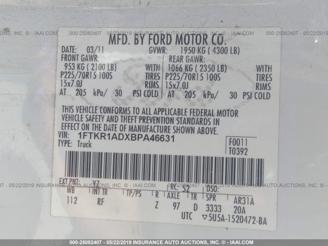 1FTKR1ADXBPA46631 - 2011 FORD RANGER WHITE photo 9