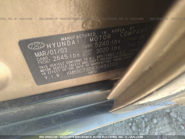 KM8SC73D83U483222 - 2003 HYUNDAI SANTA FE GLS/LX GOLD photo 9