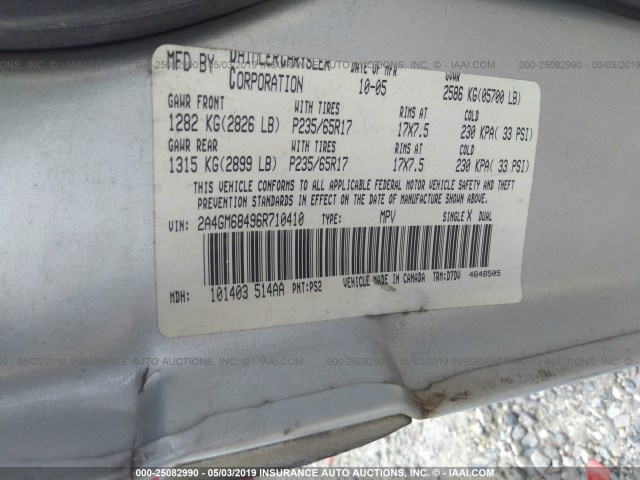 2A4GM68496R710410 - 2006 CHRYSLER PACIFICA TOURING SILVER photo 9