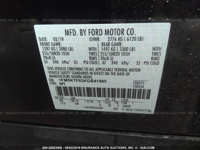 1FM5K7F83KGB41995 - 2019 FORD EXPLORER LIMITED BLACK photo 9