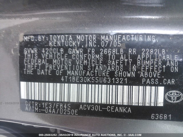 4T1BE30K55U631321 - 2005 TOYOTA CAMRY LE/XLE/SE GRAY photo 9