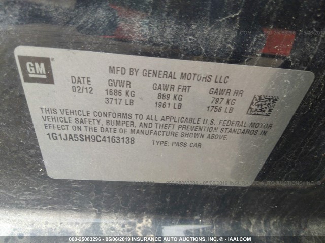 1G1JA5SH9C4163138 - 2012 CHEVROLET SONIC LS BLACK photo 9