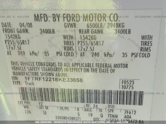 1FTRF12218KE33658 - 2008 FORD F150 BLACK photo 9