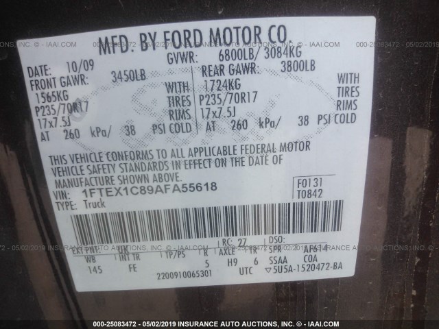 1FTEX1C89AFA55618 - 2010 FORD F150 SUPER CAB RED photo 9