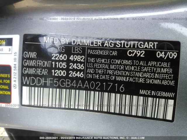 WDDHF5GB4AA021716 - 2010 MERCEDES-BENZ E 350 GRAY photo 9