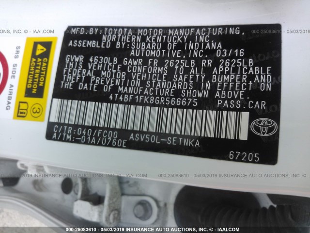 4T4BF1FK8GR566675 - 2016 TOYOTA CAMRY LE/XLE/SE/XSE WHITE photo 9