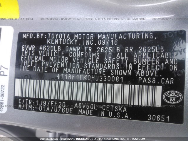 4T1BF1FK0HU330081 - 2017 TOYOTA CAMRY LE/XLE/SE/XSE ნაცრისფერი ფოტო 9