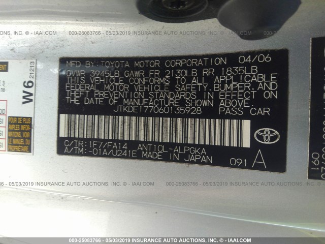 JTKDE177060135928 - 2006 TOYOTA SCION TC SILVER photo 9