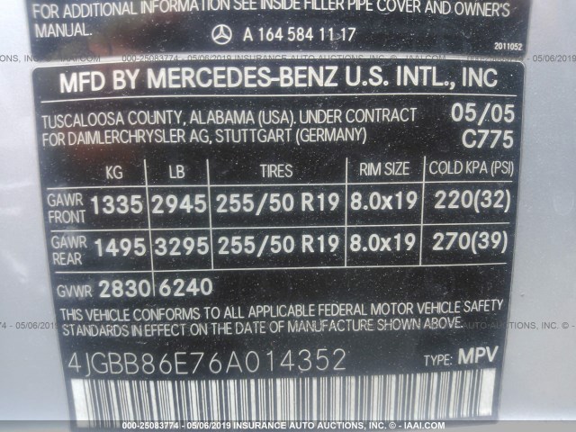 4JGBB86E76A014352 - 2006 MERCEDES-BENZ ML 350 SILVER photo 9