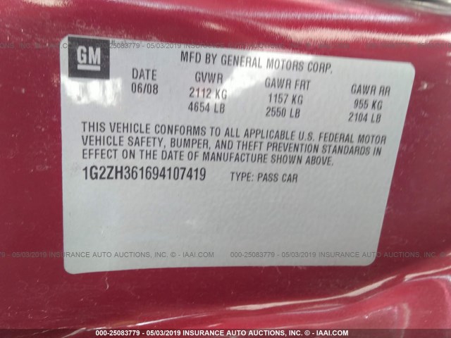 1G2ZH361694107419 - 2009 PONTIAC G6 GT RED photo 9