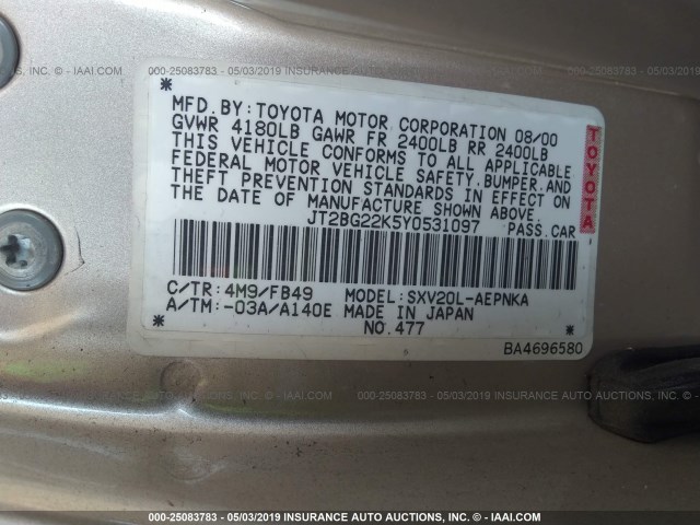 JT2BG22K5Y0531097 - 2000 TOYOTA CAMRY CE/LE/XLE TAN photo 9