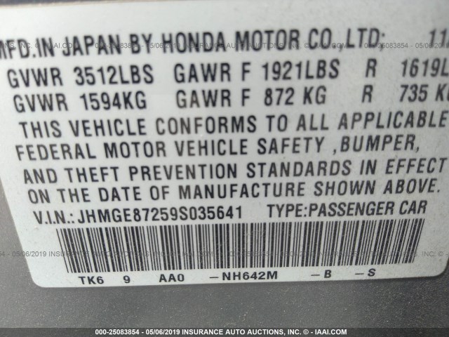 JHMGE87259S035641 - 2009 HONDA FIT SILVER photo 9