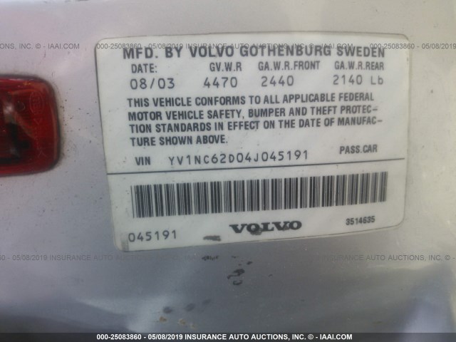 YV1NC62D04J045191 - 2004 VOLVO C70 HPT SILVER photo 9