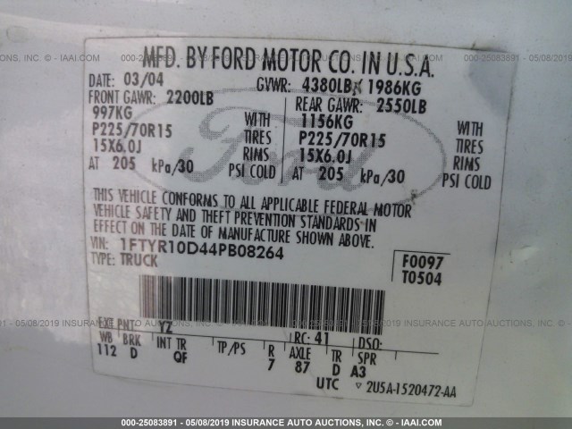 1FTYR10D44PB08264 - 2004 FORD RANGER WHITE photo 9