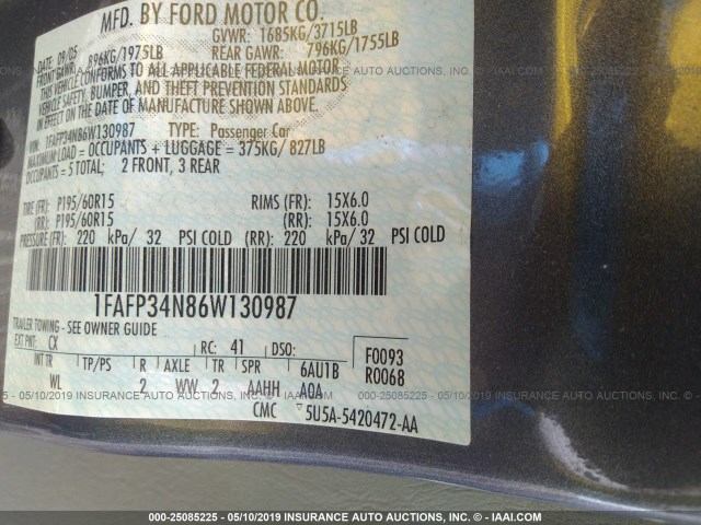 1FAFP34N86W130987 - 2006 FORD FOCUS ZX4 GRAY photo 9