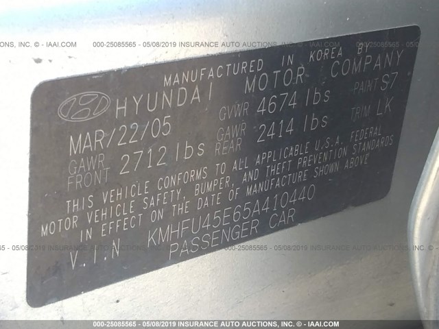 KMHFU45E65A410440 - 2005 HYUNDAI XG 350 SILVER photo 9