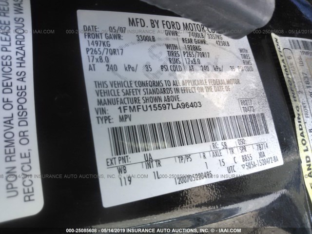 1FMFU15597LA96403 - 2007 FORD EXPEDITION XLT BLACK photo 9