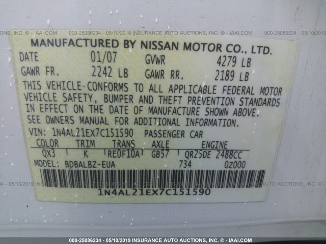 1N4AL21EX7C151590 - 2007 NISSAN ALTIMA 2.5/2.5S WHITE photo 9