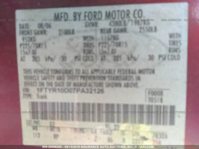 1FTYR10D07PA32126 - 2007 FORD RANGER RED photo 9