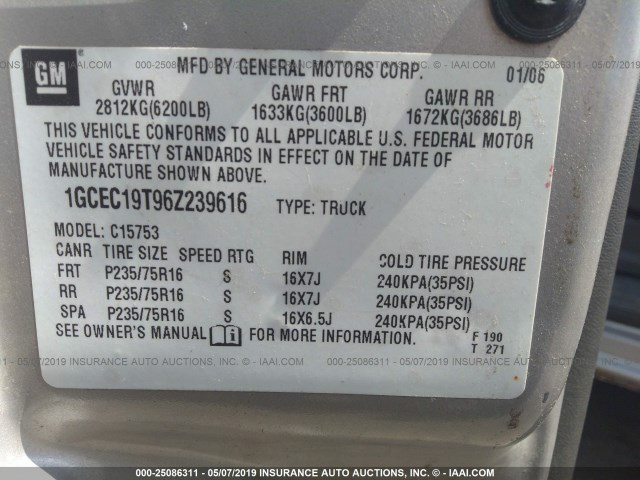 1GCEC19T96Z239616 - 2006 CHEVROLET SILVERADO C1500 SILVER photo 9