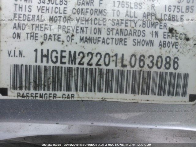 1HGEM22201L063086 - 2001 HONDA CIVIC DX SILVER photo 9