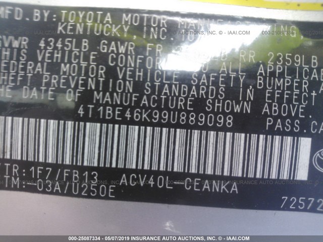 4T1BE46K99U889098 - 2009 TOYOTA CAMRY SE/LE/XLE SILVER photo 9