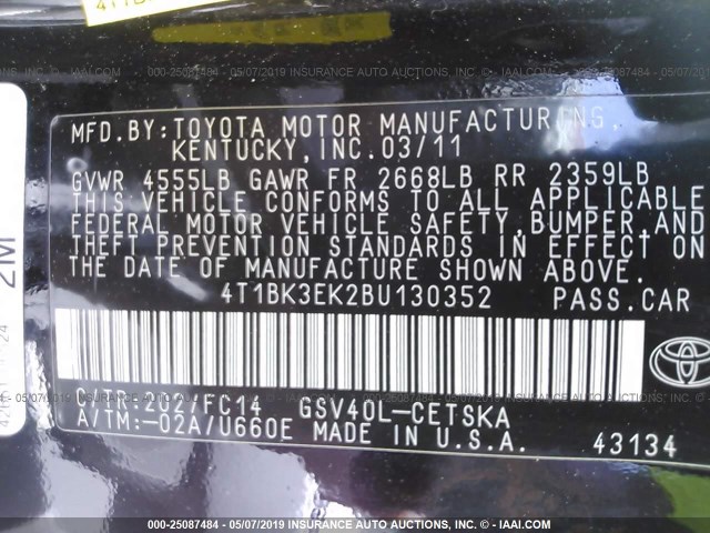 4T1BK3EK2BU130352 - 2011 TOYOTA CAMRY SE/LE/XLE BLACK photo 9