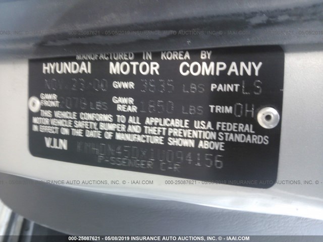 KMHDN45DX1U094156 - 2001 HYUNDAI ELANTRA GLS/GT SILVER photo 9