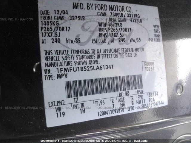 1FMFU18525LA61341 - 2005 FORD EXPEDITION EDDIE BAUER BLACK photo 9