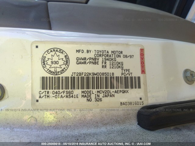 JT2BF22K9W0085018 - 1998 TOYOTA CAMRY CE/LE/XLE 白色 照片 9