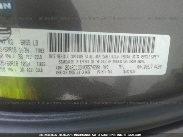 2C4RC1GG4KR574200 - 2019 CHRYSLER PACIFICA LIMITED GRAY photo 9