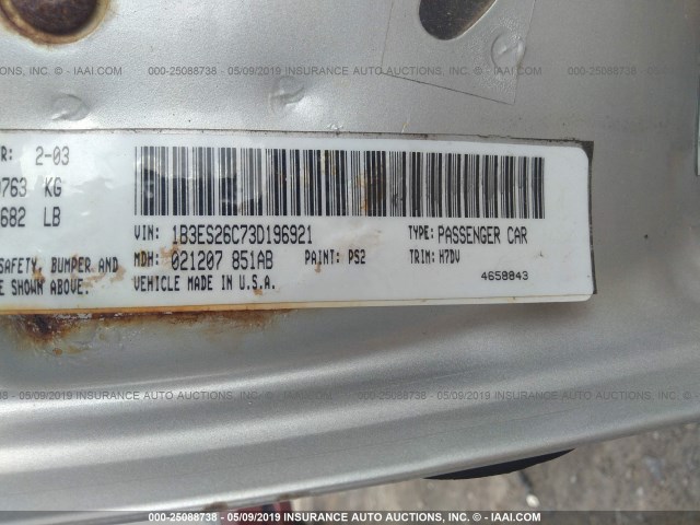 1B3ES26C73D196921 - 2003 DODGE NEON SE SILVER photo 9