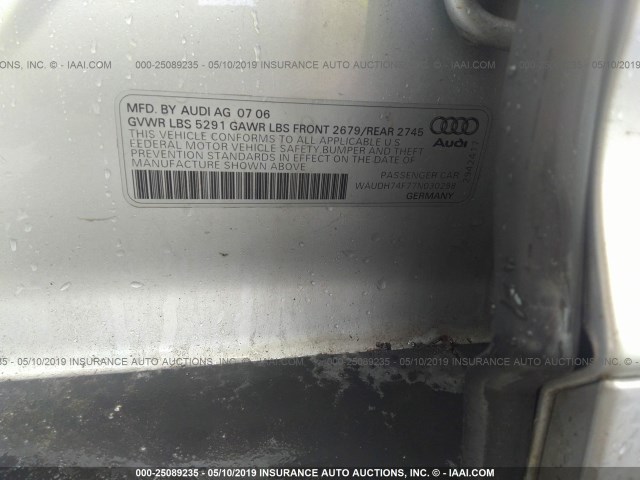 WAUDH74F77N030298 - 2007 AUDI A6 3.2 QUATTRO SILVER photo 9