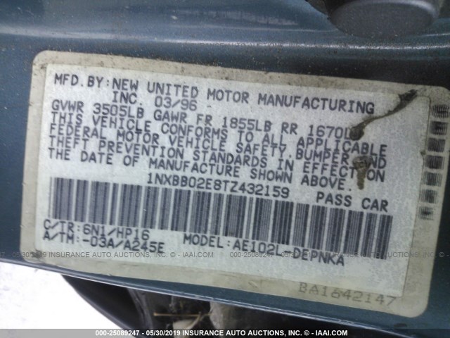 1NXBB02E8TZ432159 - 1996 TOYOTA COROLLA DX GRAY photo 9