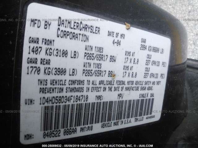 1D4HD58D34F184710 - 2004 DODGE DURANGO LIMITED BLACK photo 9