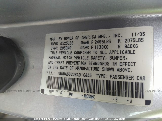 19UUA66206A010445 - 2006 ACURA 3.2TL SILVER photo 9