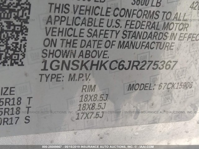 1GNSKHKC6JR275367 - 2018 CHEVROLET SUBURBAN K1500 LT SILVER photo 9