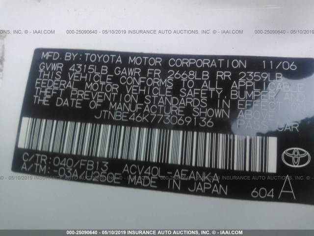 JTNBE46K773069136 - 2007 TOYOTA CAMRY NEW GENERAT CE/LE/XLE/SE WHITE photo 9