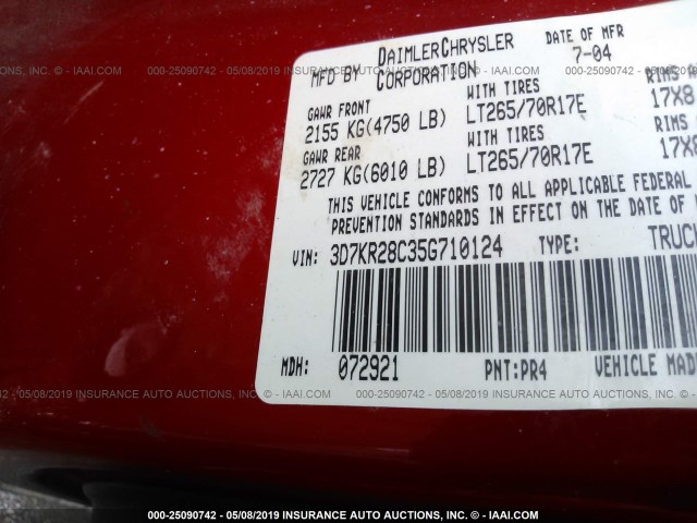 3D7KR28C35G710124 - 2005 DODGE RAM 2500 ST/SLT RED photo 9